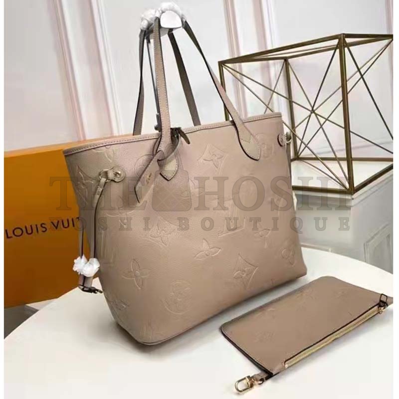 L0vis Vvtt0n LV Women Neverfull MM Tote Beige Embossed Cowhide Leather Master Quality