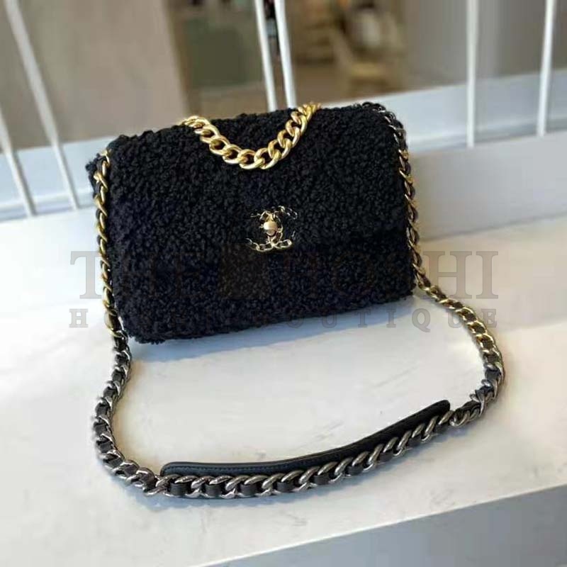 Ch**el Women Ch**el 19 Large Flap Bag Tweed Gold-Silver-Tone & Ruthenium-Finish Metal Black Master Quality