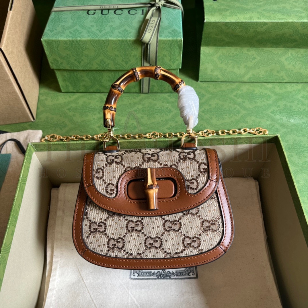 Gvc*1 Women Bamboo 1947 Mini Top Handle Bag Beige Ebony Canvas GG Crystal Master Quality