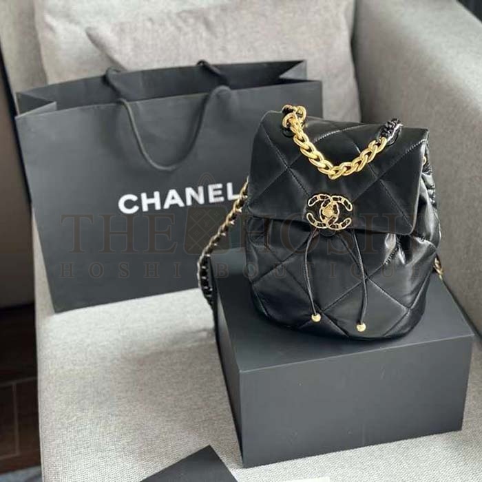 Ch**el Women CC 19 Backpack Shiny Lambskin Gold Silver-Tone Black Master Quality