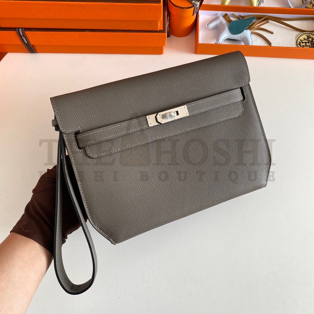 H**me5 Kelly Depeches 25 Pouch in Etain Epsom Calfskin Master Quality