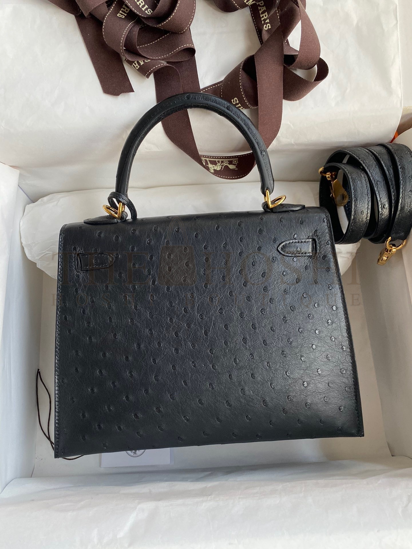 H**me5 Kelly Sellier 25 Handmade Bag In Black Ostrich Leather Master Quality