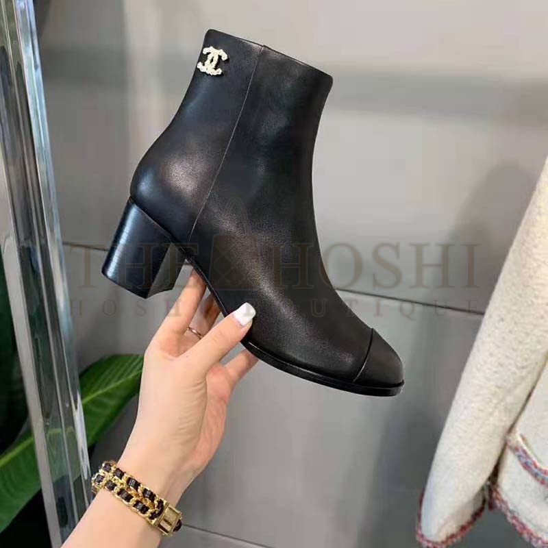 Ch**el Women Ankle Boots Calfskin Black 6.5 cm 2.6 in Heel Master Quality