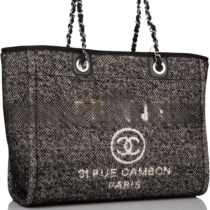 Ch**el SMALL DEAUVILLE SHOPPING BAG BLACK WOOL SILVER HARDWARE (35*27*16cm) Master Quality