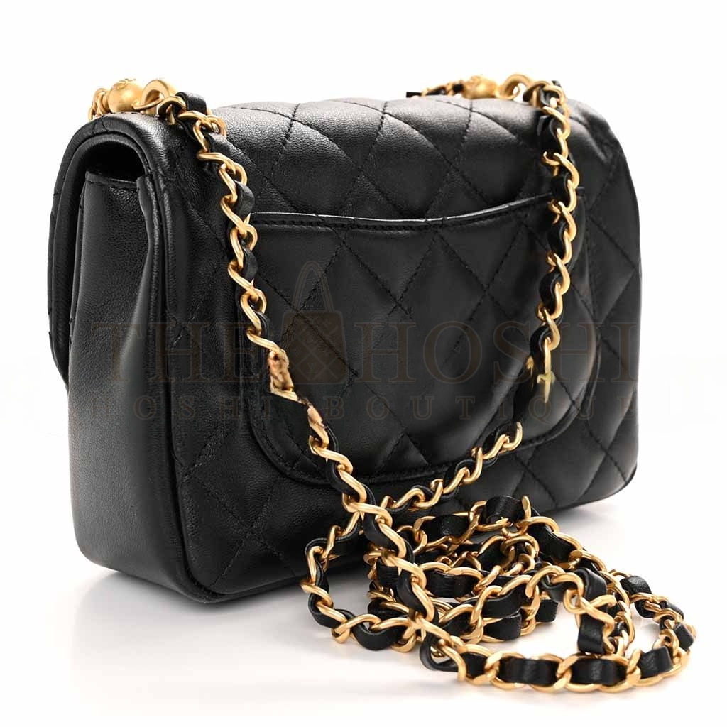 Ch**el SHINY LAMBSKIN QUILTED PEARL TWIST MINI SQUARE FLAP BLACK AS4385 (17*12.5*5cm) Master Quality