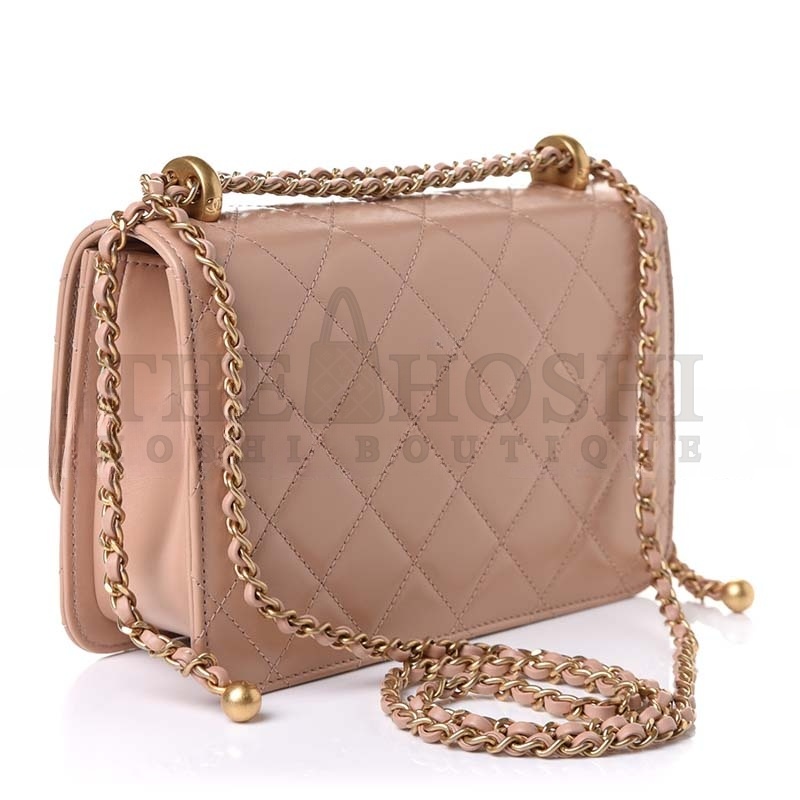 Ch**el CALFSKIN QUILTED PERFECT FIT FLAP BEIGE (22*14*8cm) Master Quality