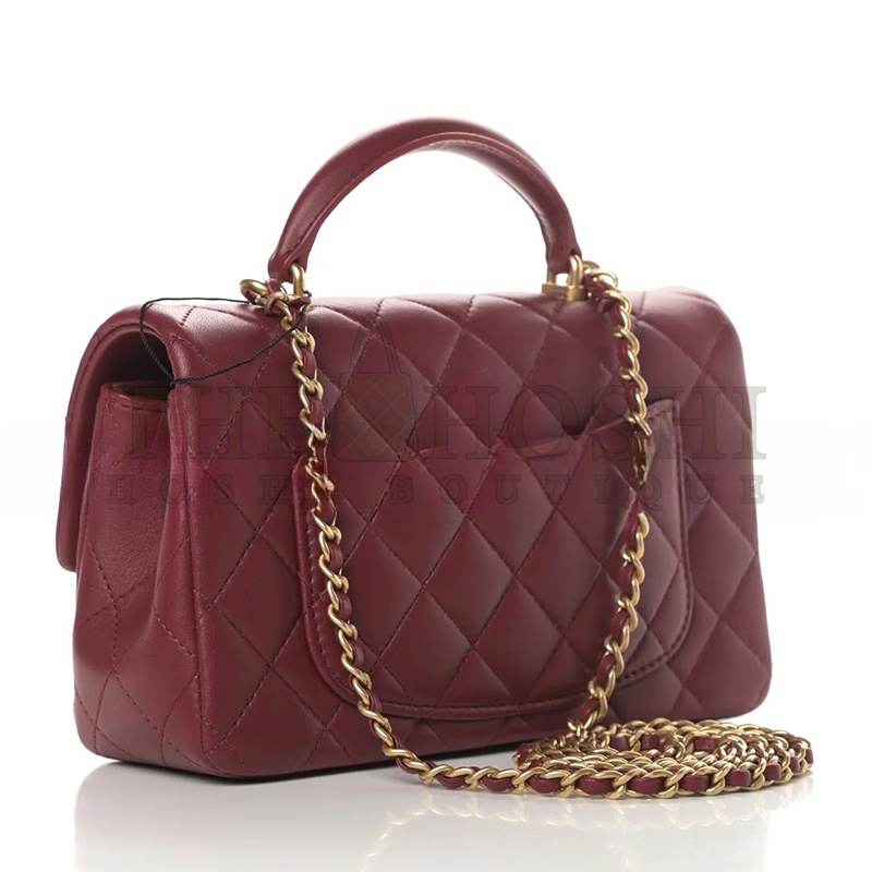 Ch**el LAMBSKIN QUILTED MINI TOP HANDLE RECTANGULAR FLAP BURGUNDY (20*12*6cm) Master Quality