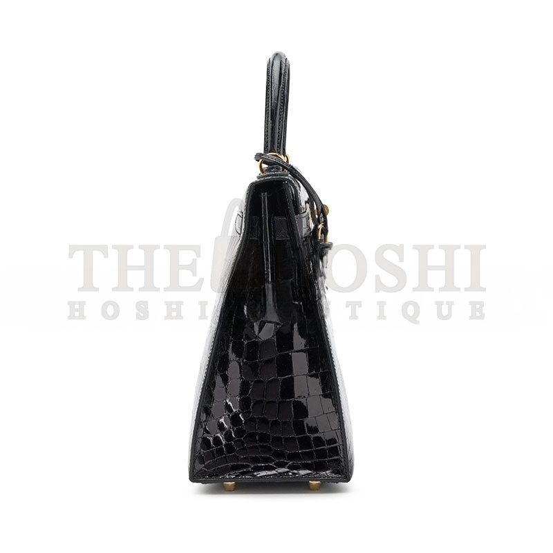 H**me5 BLACK SHINY NILOTICUS CROCODILE SELLIER KELLY 32 GOLD HARDWARE (32*23*11cm) Master Quality